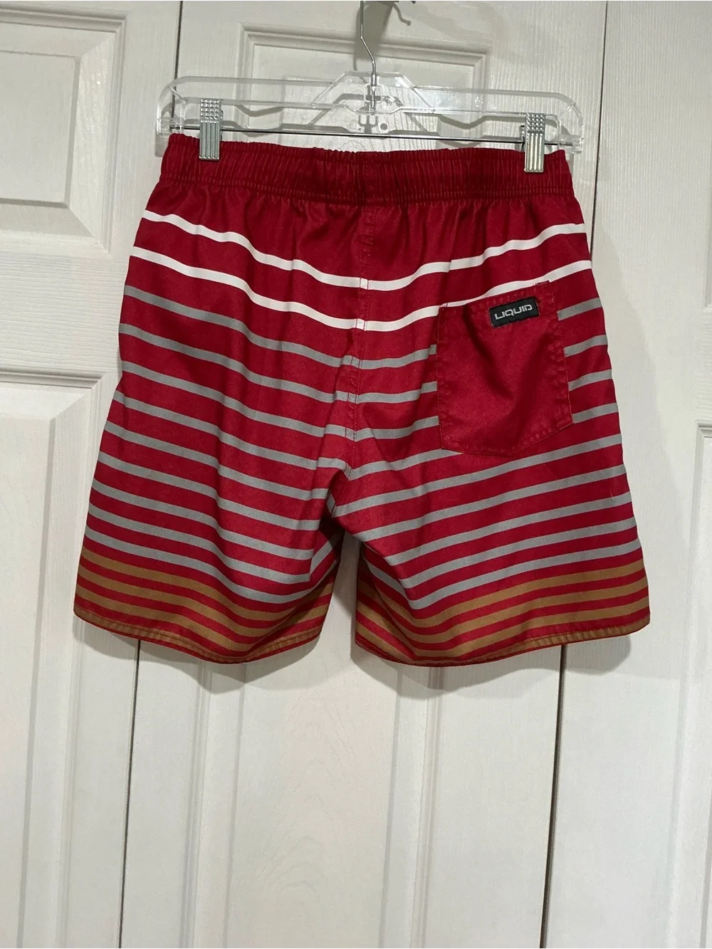 💙 Liquid Men’s Swim Trunks Bathing Suit Red Gray White Stripes - Small (01316)